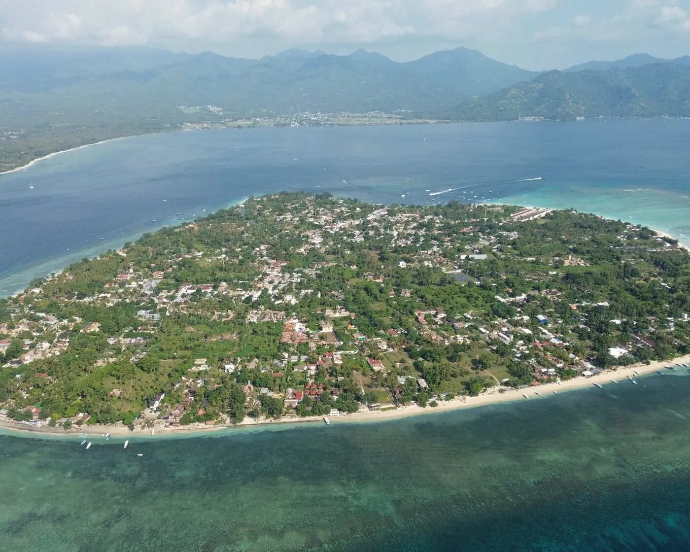 Gili Air from the air, with Lombok behind